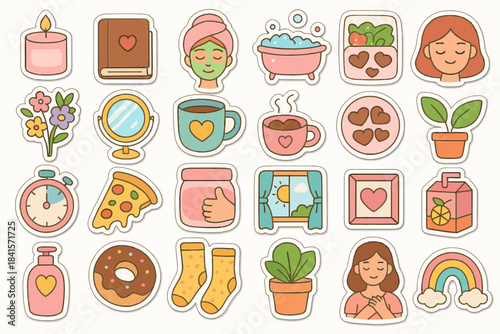 Cute cozy icons stickers: self-care, relaxation, and home comforts