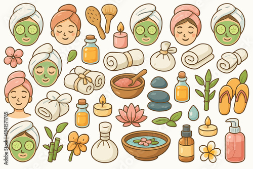 Spa and relaxation elements with women in facial masks and wellness accessories