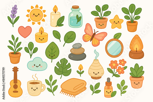 Cute cartoon nature elements with smiling faces and warm colors