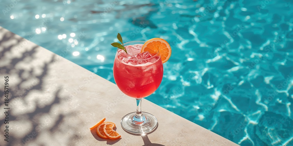 Naklejka premium Fruit juice cocktail with ice in a glass by a swimming pool, highlighting summer leisure and tropical vibe