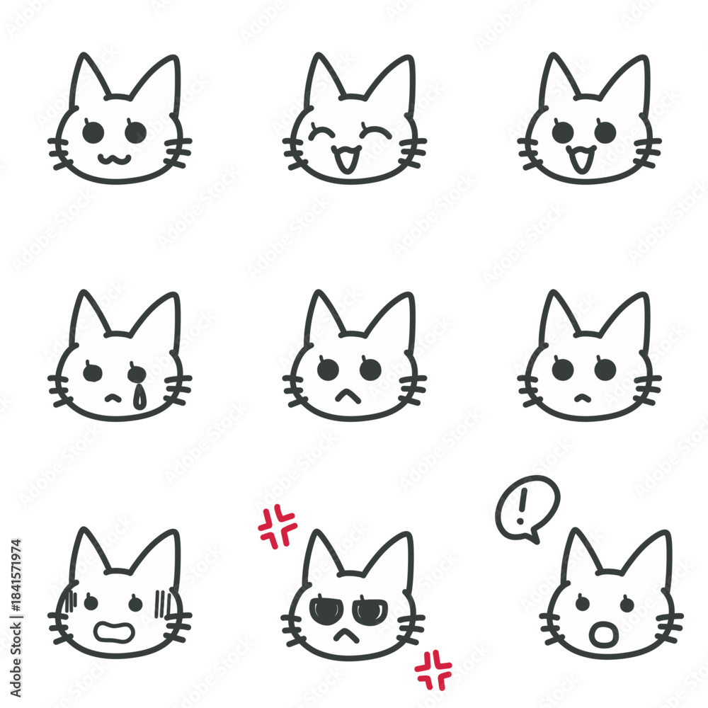 Fototapeta premium シンプルな線画の猫のイラストセット、喜怒哀楽の基本表情アイコン