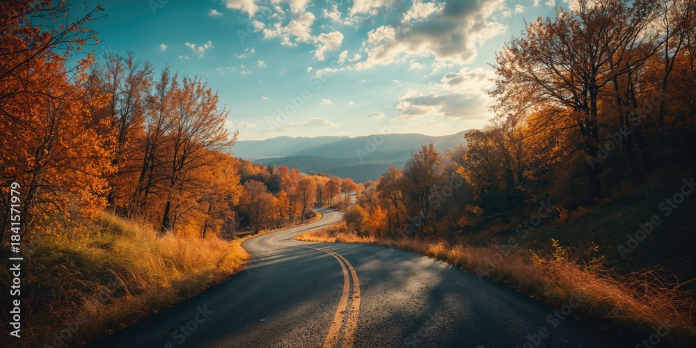 Obraz premium Mountain road during fall with vibrant leaves emphasizing natural erosion risk, seasonal shift