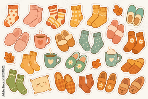 Cozy autumn collection of socks, slippers, and mugs with leaves and pillow