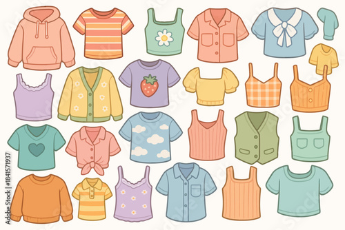 Colorful collection of trendy fashion tops in various styles and patterns