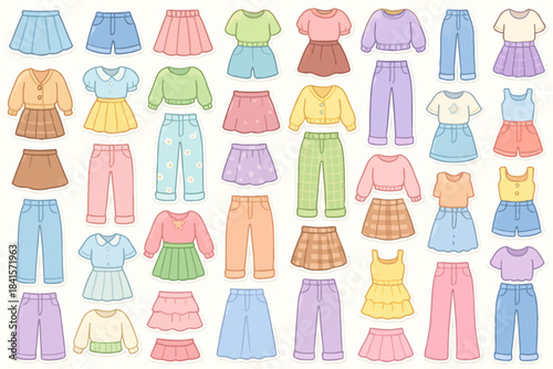 Colorful collection of children's clothes: shirts, skirts, pants, and dresses