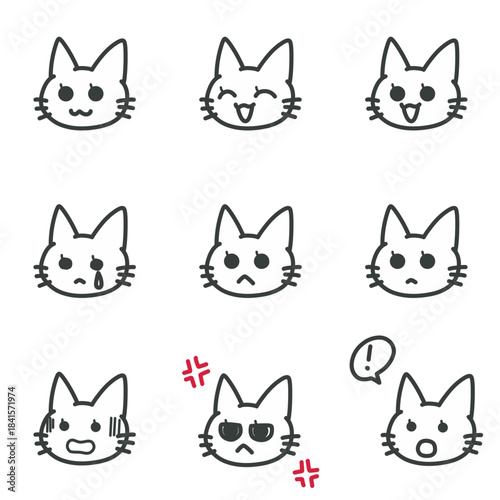 シンプルな線画の猫のイラストセット、喜怒哀楽の基本表情アイコン