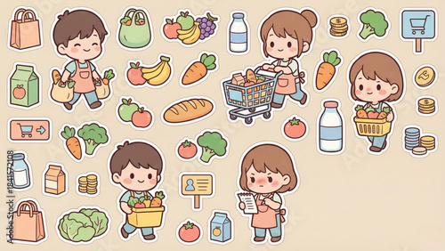 Cute cartoon illustrations of characters shopping for groceries, featuring fresh fruits, vegetables, and supermarket items in a delightful and playful market scene