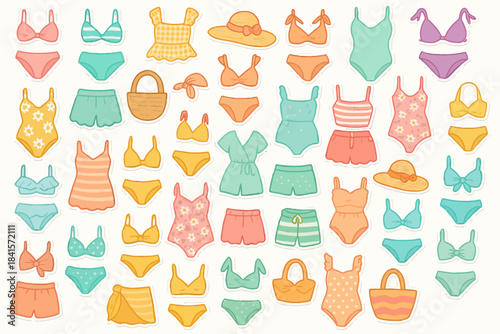 Colorful collection of summer swimwear and accessories
