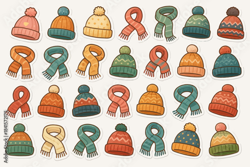 Colorful collection of cozy winter hats and scarves