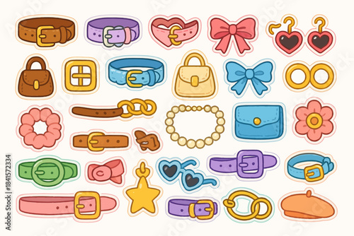 Colorful assorted fashion accessories collection featuring belts, bags, jewelry, and more