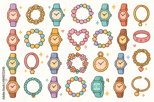 Colorful cartoon watches and bracelets collection with various designs