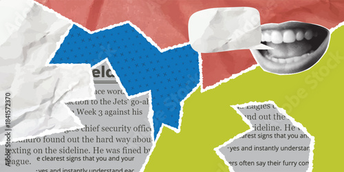 Abstract collage background with torn newspaper text, and a retro halftone mouth graphic. The textured design blends vintage and modern elements, creating an expressive, dynamic visual style