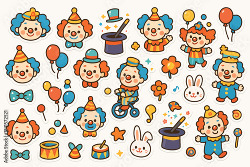 Colorful cartoon clowns and circus elements with balloons and magic hats