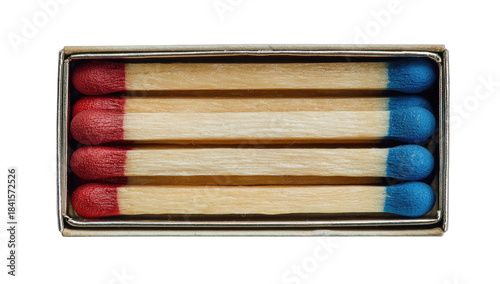 Four matches with red and blue tips, neatly arranged in a box