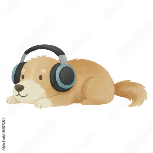 Cute watercolor dog wearing headphones vector on white background
