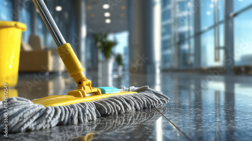 Wallpaper Mural a cleaner with a mop and bucket, actively mopping a floor in an office hallway Torontodigital.ca
