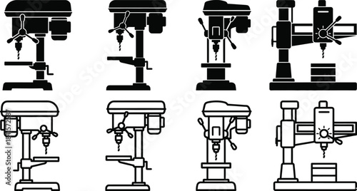 Drill Press and Pillar Drill Icon Set Vector – Minimalist Workshop Machine Silhouette