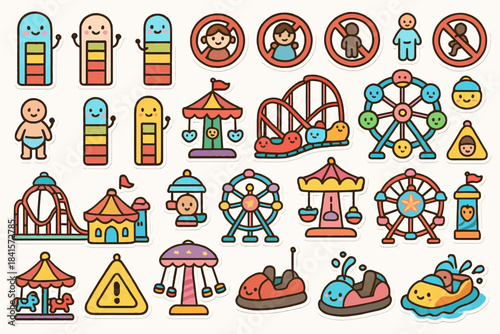 Cute cartoon amusement park icons with rides and happy characters