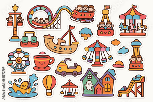 Colorful amusement park stickers with rides and attractions for kids