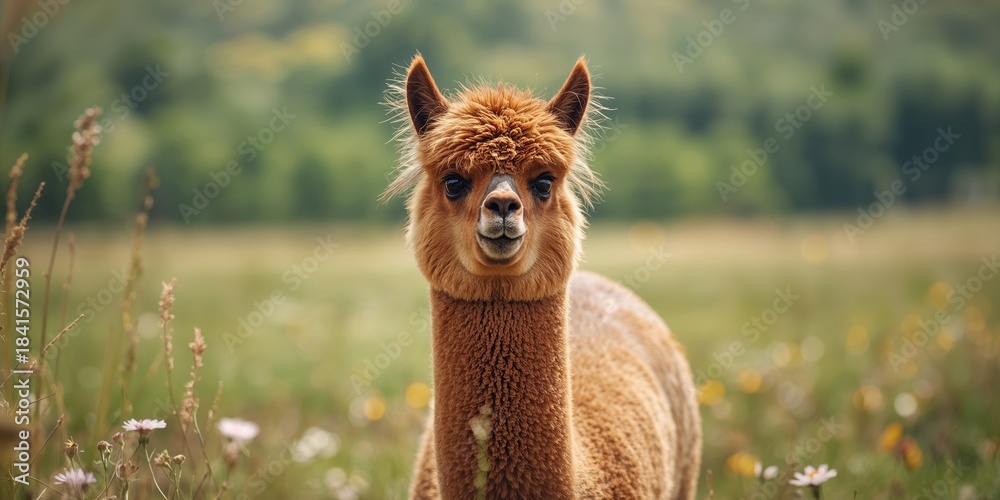 Naklejka premium Alpaca with soft fleece in a natural setting, highlighting sustainable fiber practices, World Wool Day