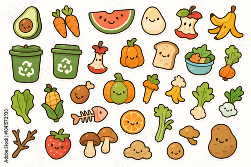Cute kawaii style food icons with fruits vegetables and recycling bins