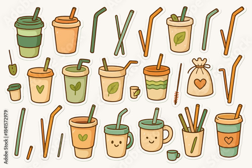 Eco-friendly reusable cups and straws in various designs with cute patterns