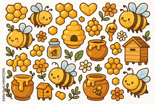 Cute cartoon bees with honey and flowers in a cheerful pattern