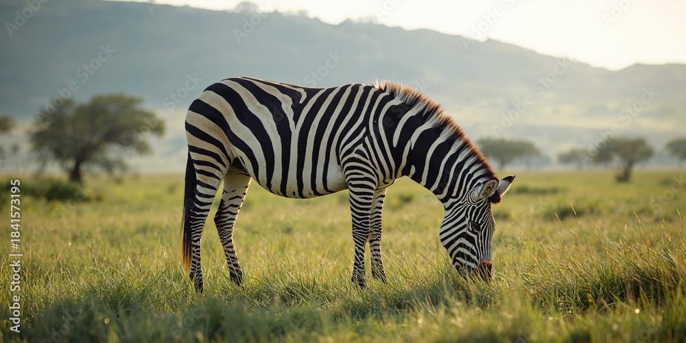 Naklejka premium Zebra feeding on lush grass in open plain, highlighting animal behavior