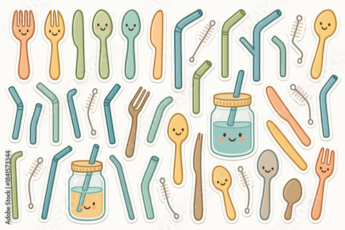 Colorful smiling utensils and straws pattern with cute faces