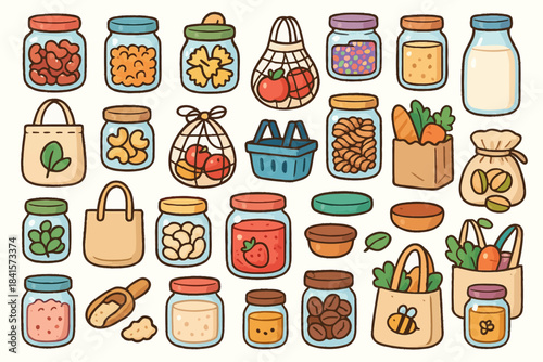Assorted jars and bags filled with groceries including fruits, beans, and vegetables