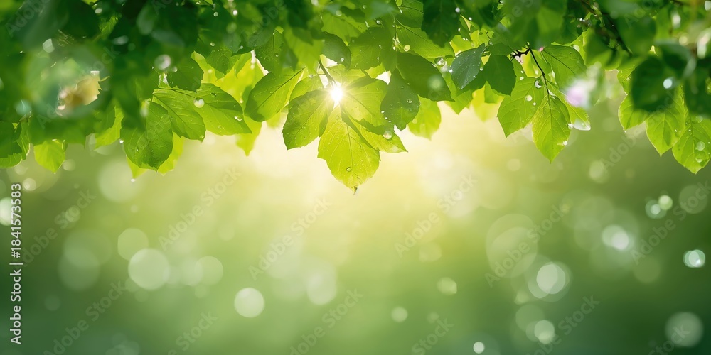 Obraz premium Rainy season foliage with sunlight filtering through leaves, seasonal greenery