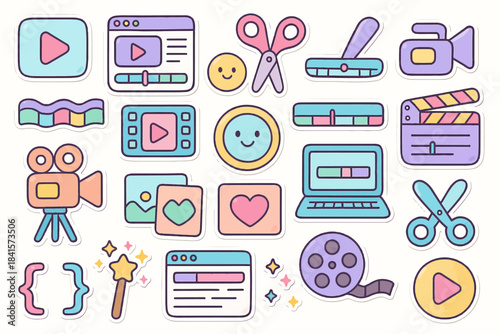 Colorful cinematic icons featuring movie and editing tools in pastel tones