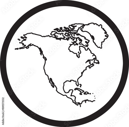Black and White Map of North America Outline in Circle.