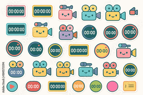 Cute cartoon camera icons with time displays in pastel colors