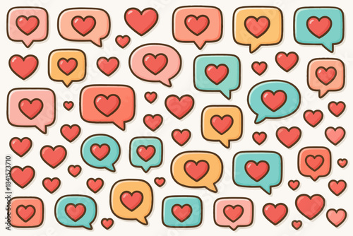 Colorful speech bubbles with hearts pattern on light background