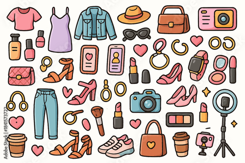 Fashion and lifestyle icons: clothing, accessories, and gadgets illustration