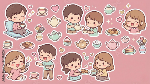 Cute kawaii tea party illustration with smiling children enjoying treats and beverages