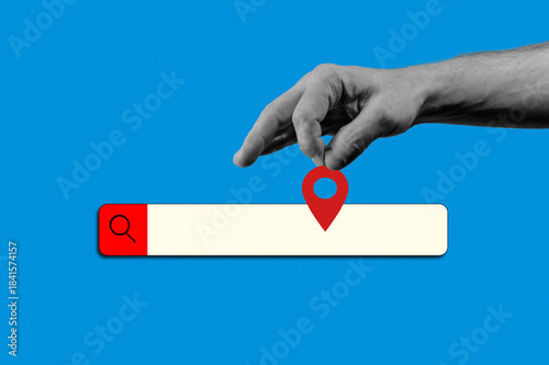 Halftone collage depicting a search bar and a hand with a geotag and pin. Travel concept.