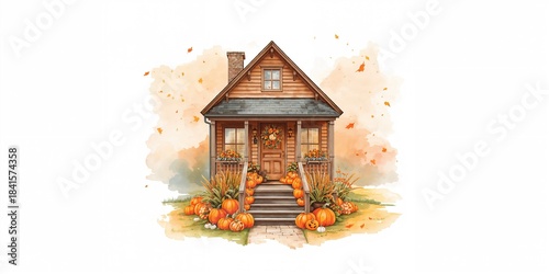 Watercolor homes surrounded by gourds, corn, and autumn flowers, seasonal harvest display