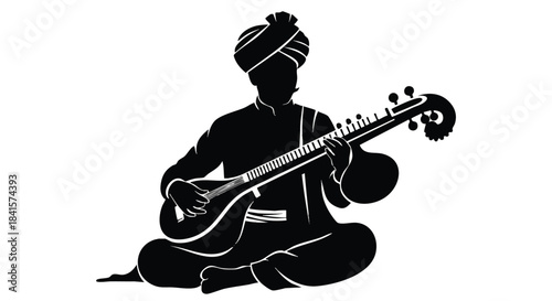 Black silhouette vector illustration of an Indian musician playing the traditional Veena string instrument, conveying classical South Asian music culture against a clean white backdrop.