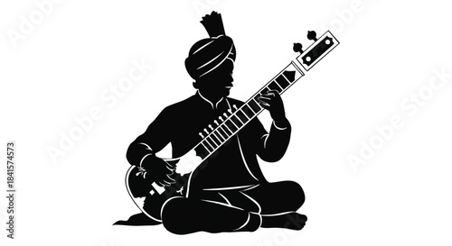 Indian musician playing a traditional string instrument is captured in a striking flat 2D silhouette vector illustration, emphasizing classical music culture isolated on a white background.