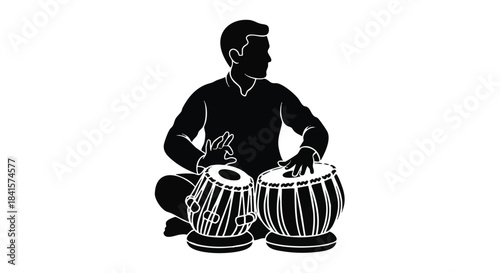 Flat 2D vector silhouette illustration of a traditional Indian musician seated cross-legged while performing and playing the classic tabla drums on a clean white background.