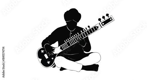 Dynamic vector illustration of an Indian musician silhouette performing a mesmerizing sitar melody, rendered in clean flat style and isolated against a crisp white background.