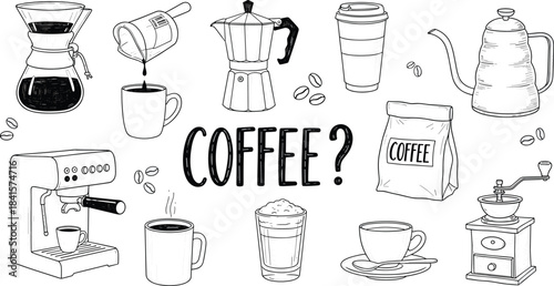 Coffee tools illustration, black and white, espresso maker, pour-over, grinder, kettle, beans, vector art, cad drawing flat vector illustration