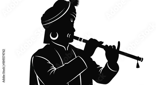 Vector illustration of an Indian musician playing the traditional bansuri flute, rendered as a striking black flat silhouette isolated on a clean white background.