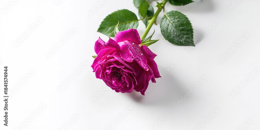 Fototapeta premium Close-up of a vibrant magenta rose with green foliage, ideal for floral layout templates