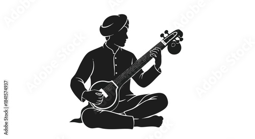 Vector silhouette of an Indian musician sitting cross-legged and playing the traditional tampura instrument, presented in a minimal flat 2D illustration style on a clean white background.