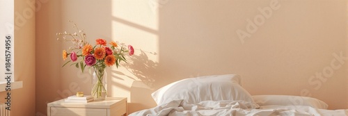 Flower arrangement on a bedside table creating a calming bedroom decor, suitable for World Sleep Day