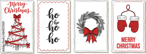 Christmas greeting cards, festive illustration, red black white, holiday symbols, tree wreath mittens, vector art, seasonal design, cad drawing flat vector illustration