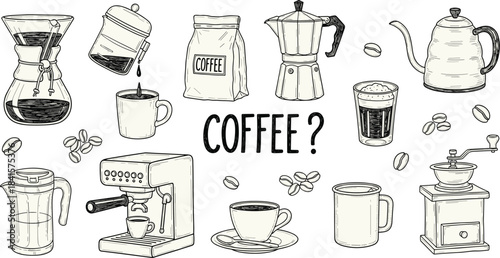 Coffee brewing illustration, black and white, espresso tools, pour-over, grinder, kettle, beans, vector art, cad drawing flat vector illustration